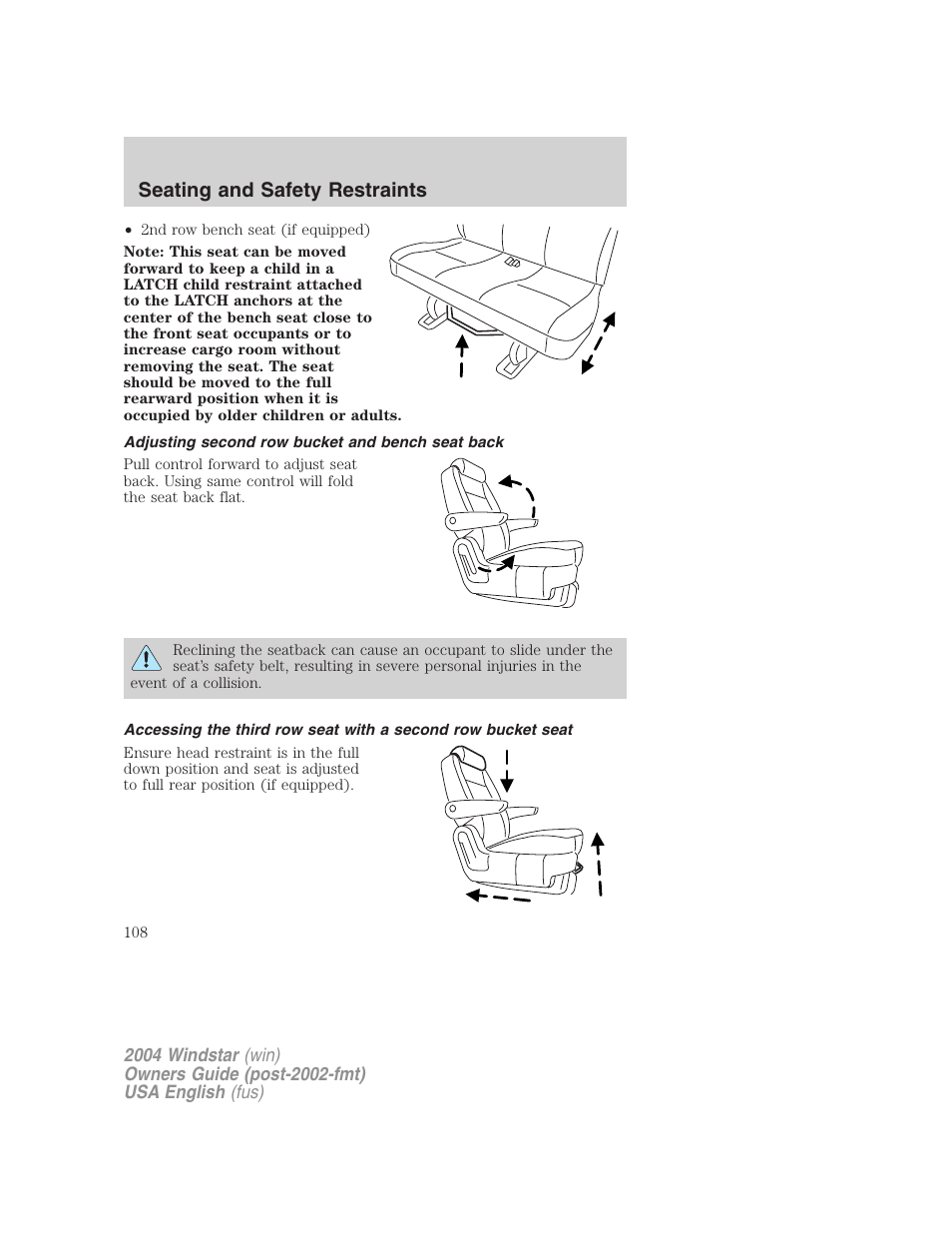 Seating and safety restraints | FORD 2004 Freestar v.1 User Manual | Page 108 / 280