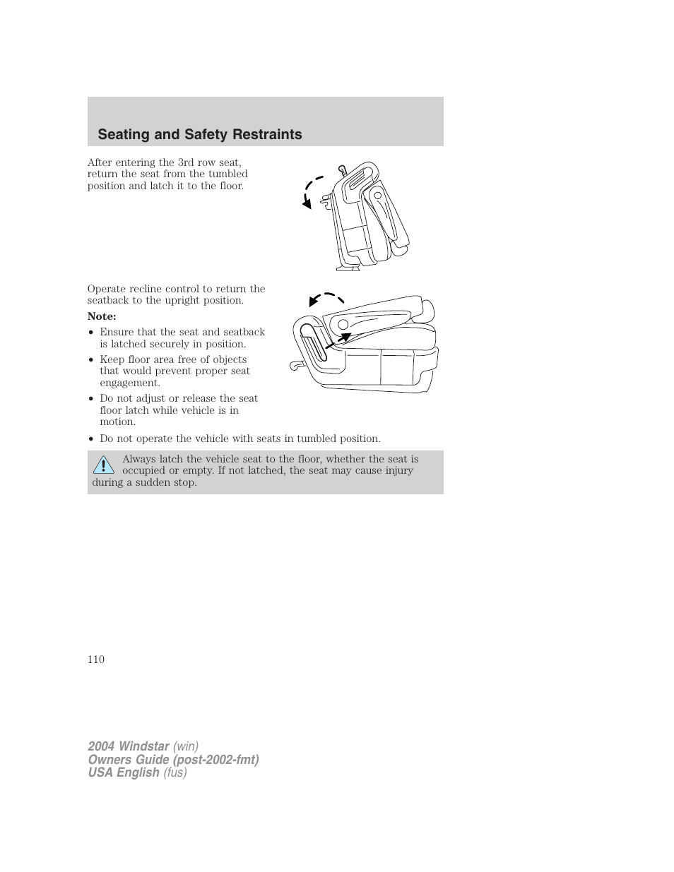 Seating and safety restraints | FORD 2004 Freestar v.1 User Manual | Page 110 / 280