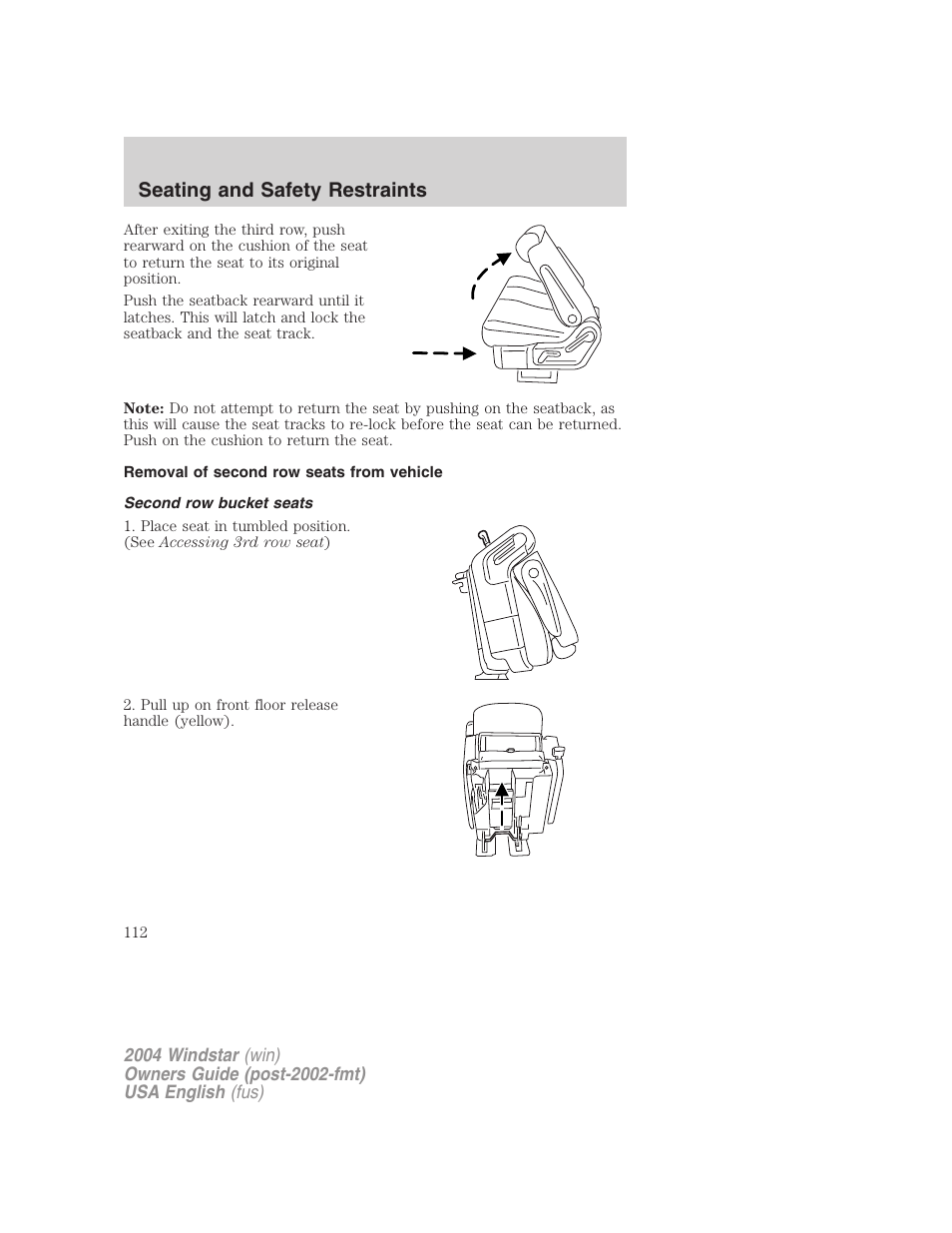 Seating and safety restraints | FORD 2004 Freestar v.1 User Manual | Page 112 / 280