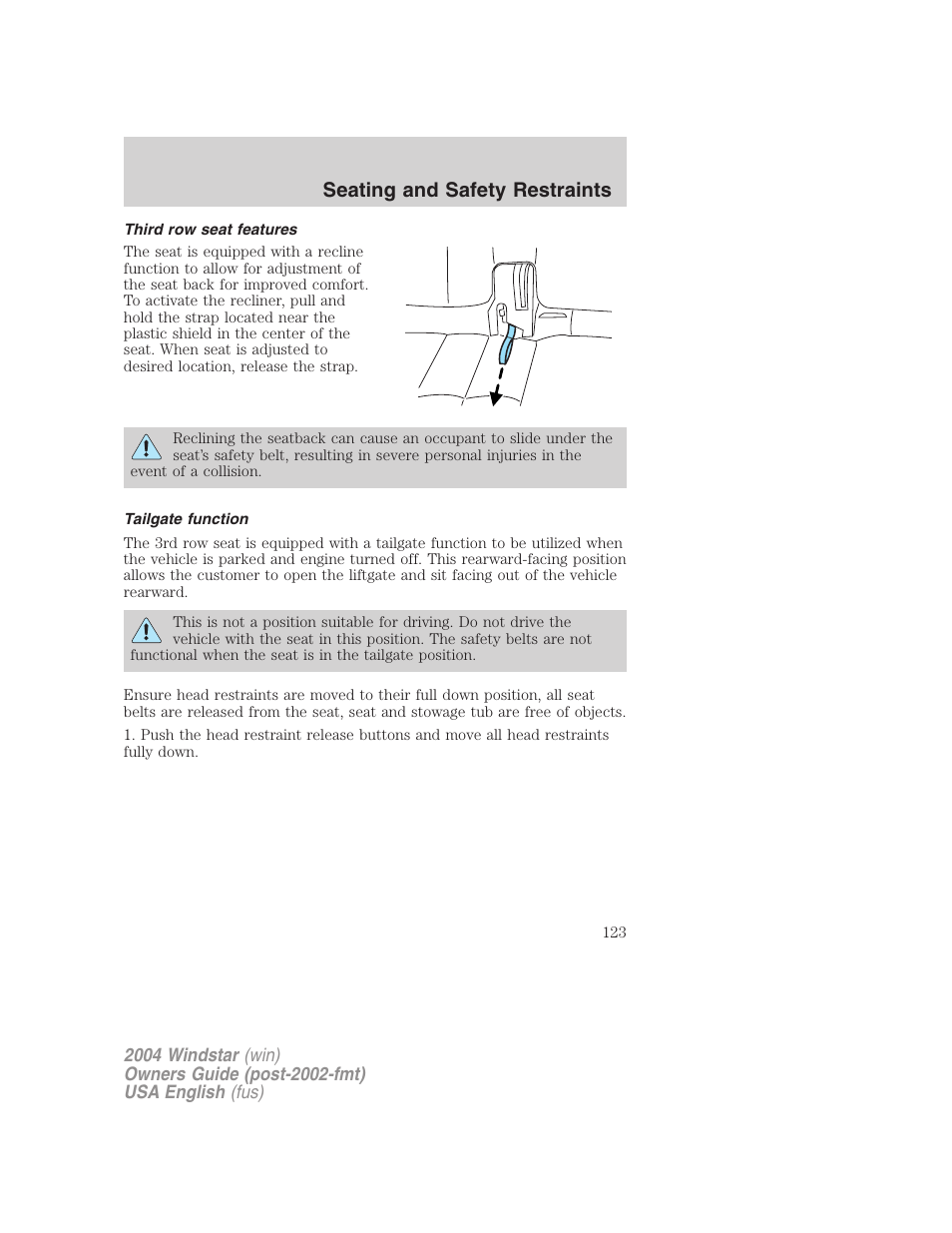 Seating and safety restraints | FORD 2004 Freestar v.1 User Manual | Page 123 / 280