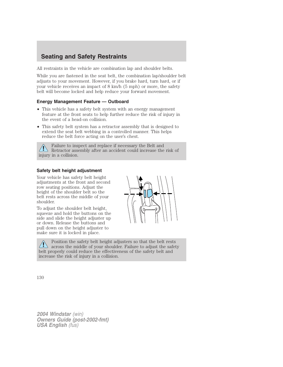 Seating and safety restraints | FORD 2004 Freestar v.1 User Manual | Page 130 / 280