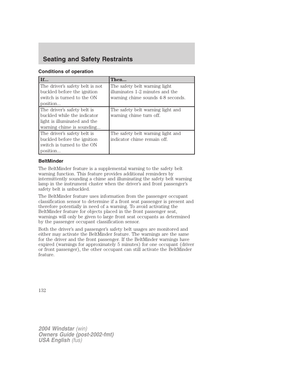 Seating and safety restraints | FORD 2004 Freestar v.1 User Manual | Page 132 / 280