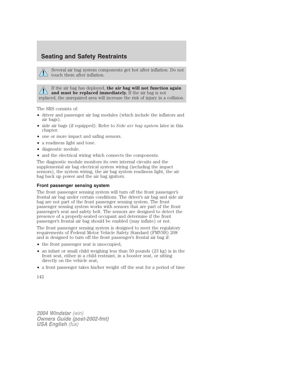 Seating and safety restraints | FORD 2004 Freestar v.1 User Manual | Page 142 / 280