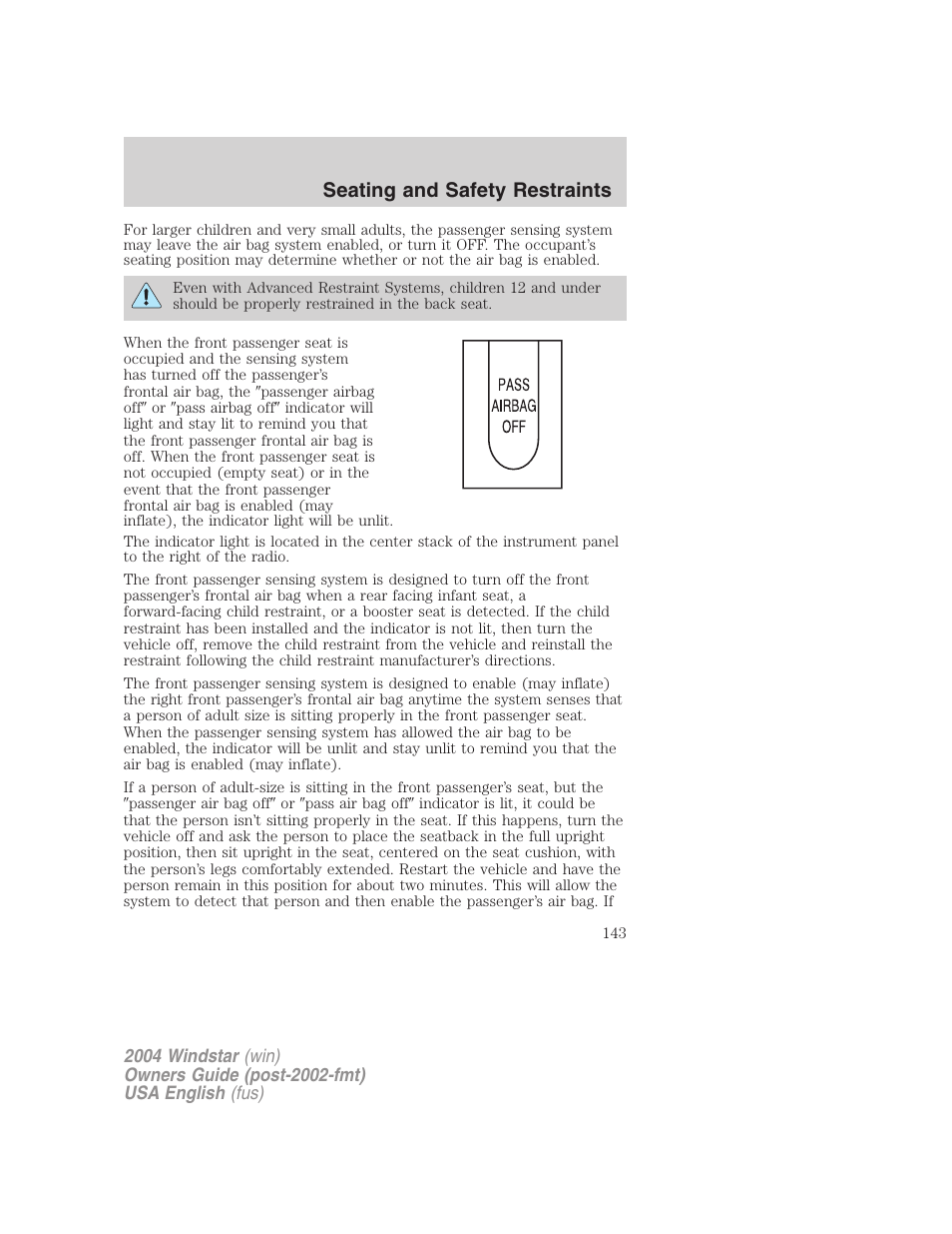 Seating and safety restraints | FORD 2004 Freestar v.1 User Manual | Page 143 / 280
