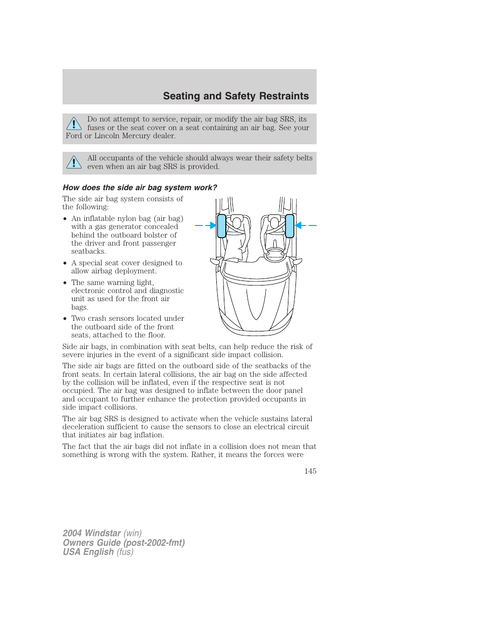 Seating and safety restraints | FORD 2004 Freestar v.1 User Manual | Page 145 / 280