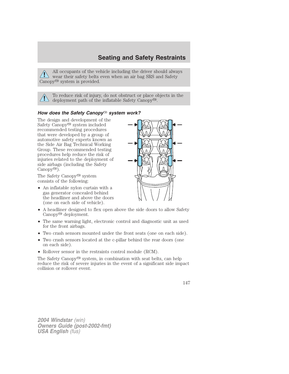 Seating and safety restraints | FORD 2004 Freestar v.1 User Manual | Page 147 / 280