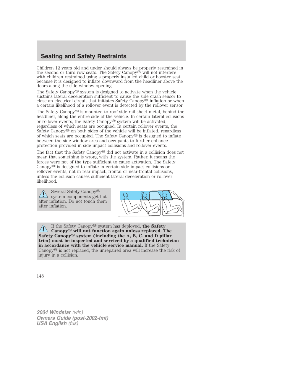 Seating and safety restraints | FORD 2004 Freestar v.1 User Manual | Page 148 / 280