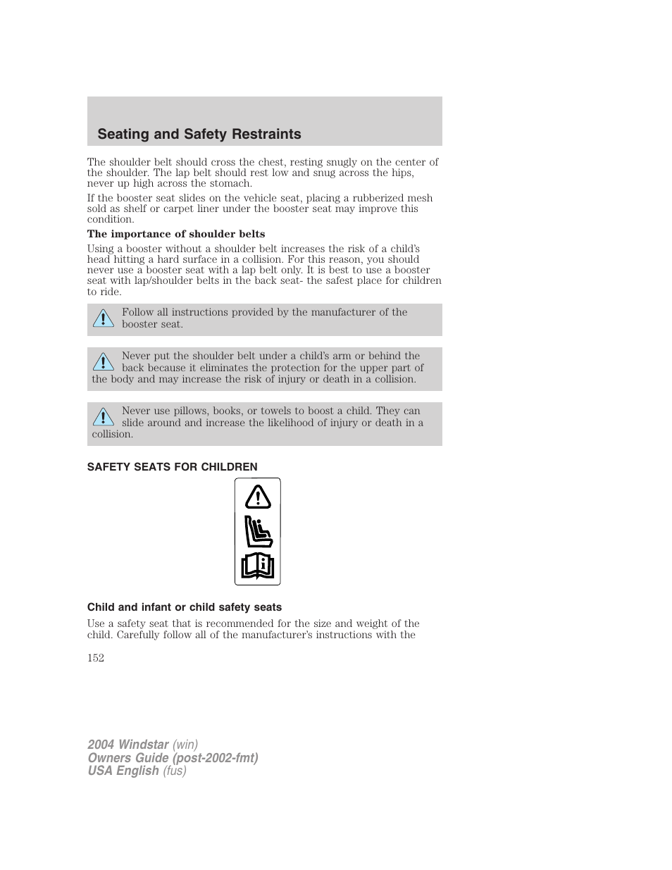 Seating and safety restraints | FORD 2004 Freestar v.1 User Manual | Page 152 / 280