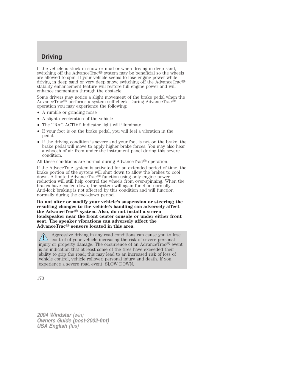 Driving | FORD 2004 Freestar v.1 User Manual | Page 170 / 280