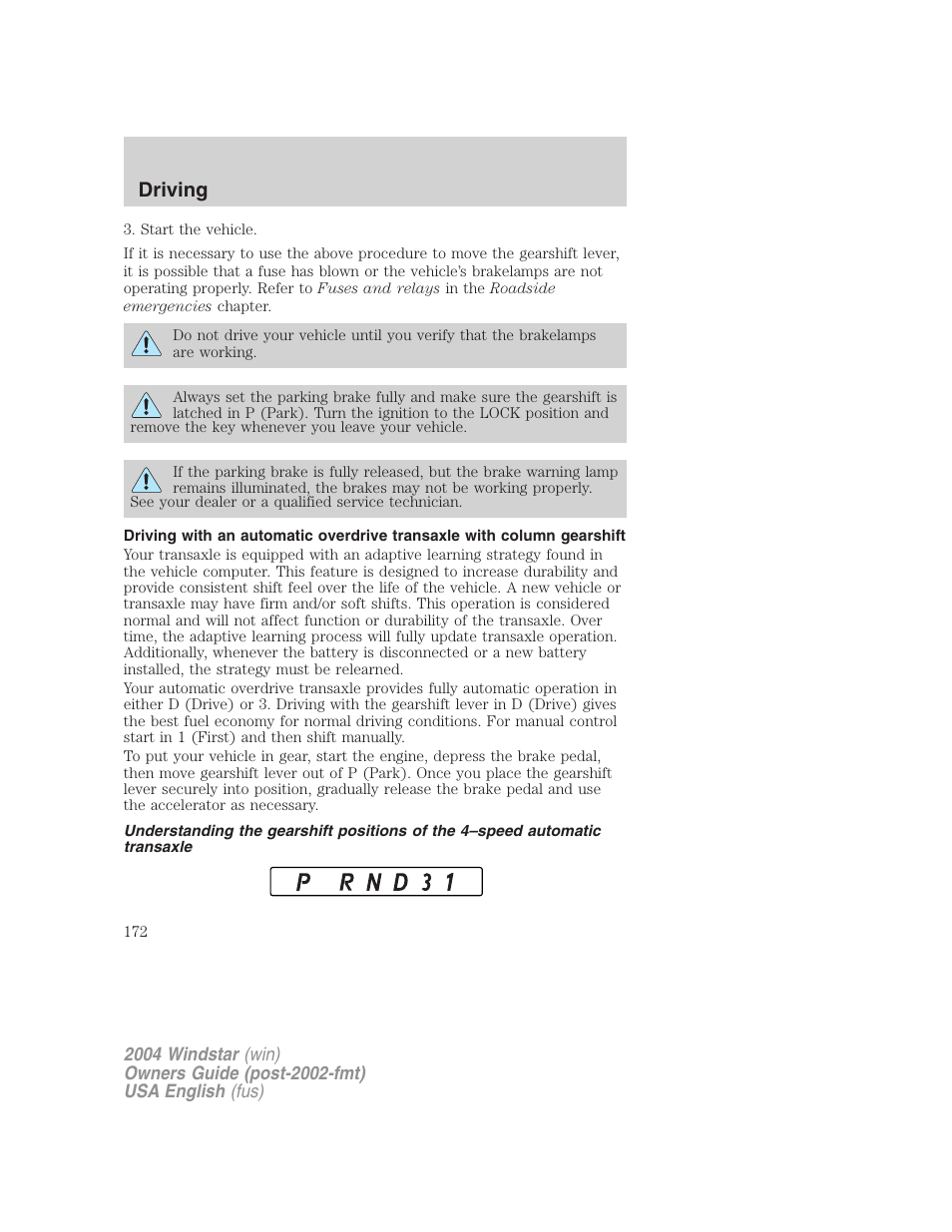 Driving | FORD 2004 Freestar v.1 User Manual | Page 172 / 280