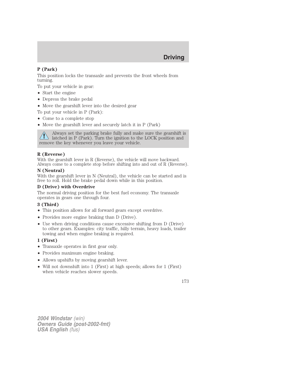 Driving | FORD 2004 Freestar v.1 User Manual | Page 173 / 280