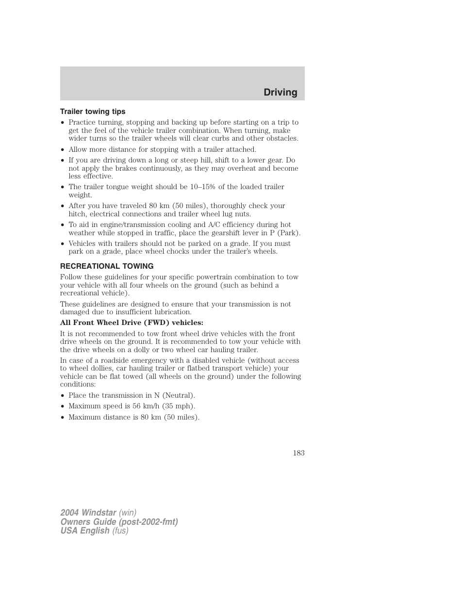 Driving | FORD 2004 Freestar v.1 User Manual | Page 183 / 280