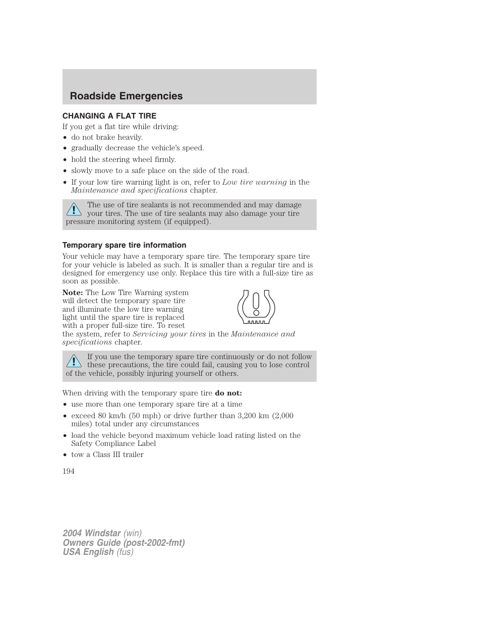 Roadside emergencies | FORD 2004 Freestar v.1 User Manual | Page 194 / 280