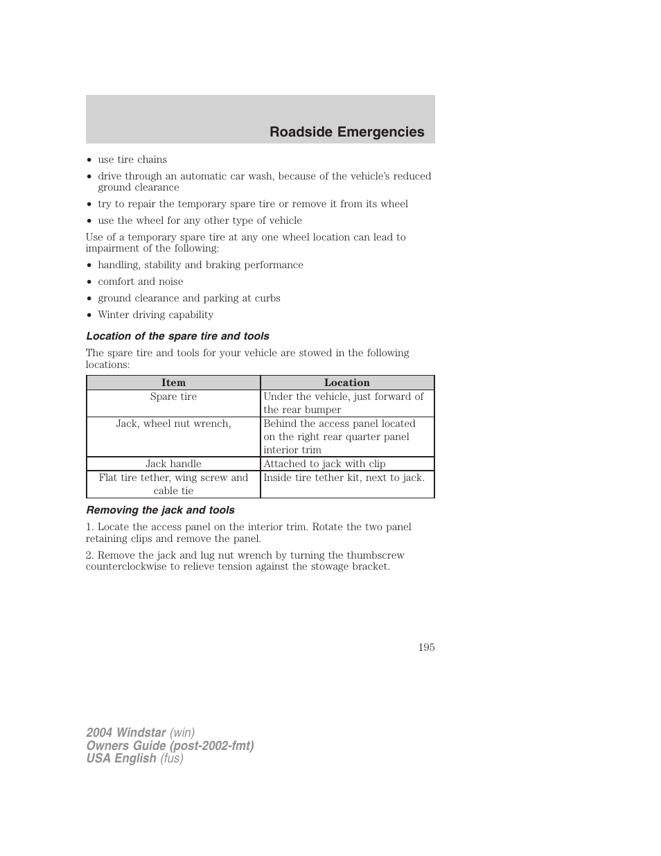 Roadside emergencies | FORD 2004 Freestar v.1 User Manual | Page 195 / 280