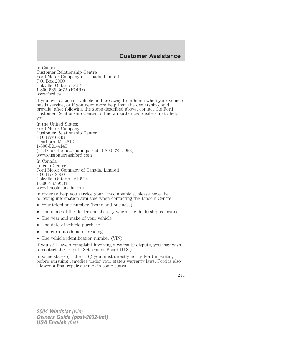 Customer assistance | FORD 2004 Freestar v.1 User Manual | Page 211 / 280