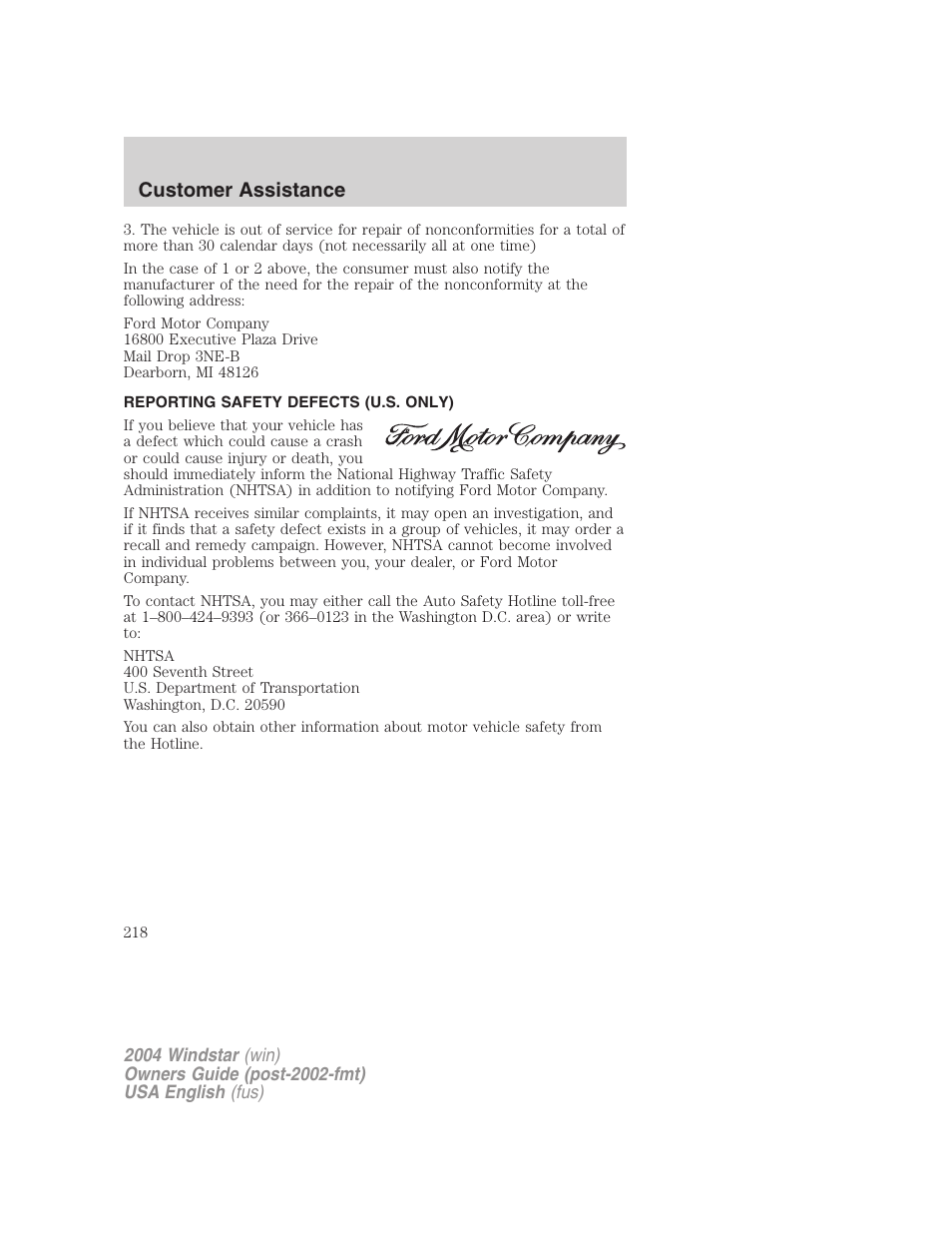 Customer assistance | FORD 2004 Freestar v.1 User Manual | Page 218 / 280