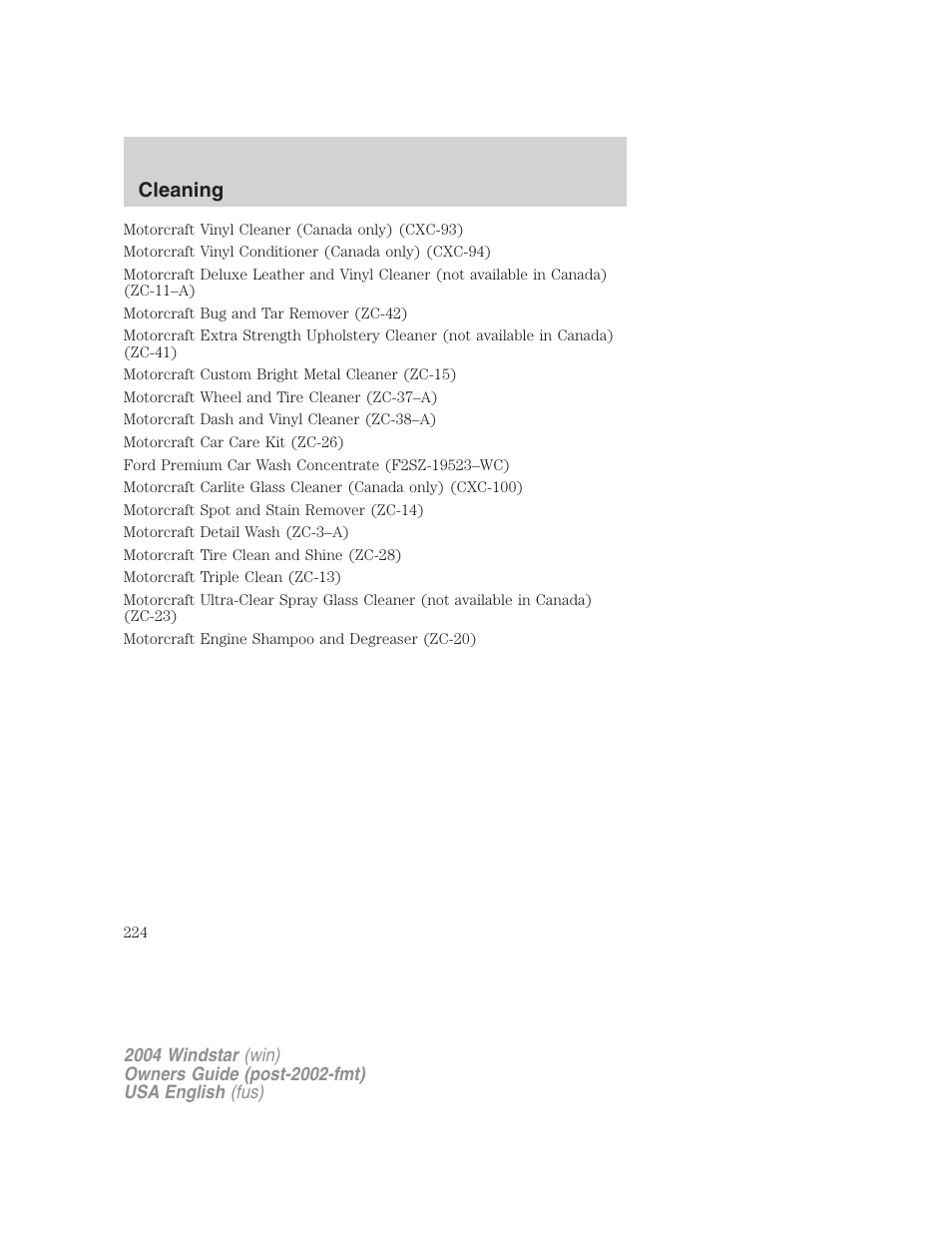 Cleaning | FORD 2004 Freestar v.1 User Manual | Page 224 / 280