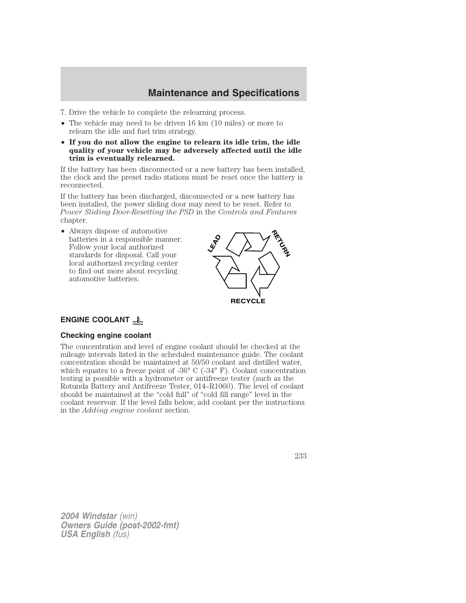 Maintenance and specifications | FORD 2004 Freestar v.1 User Manual | Page 233 / 280
