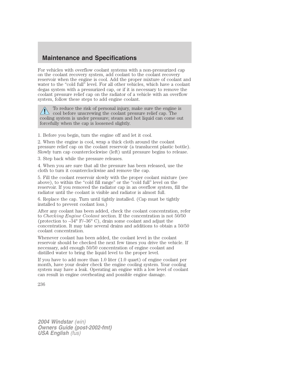 Maintenance and specifications | FORD 2004 Freestar v.1 User Manual | Page 236 / 280