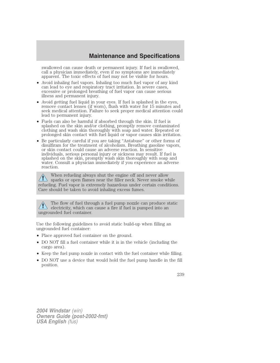 Maintenance and specifications | FORD 2004 Freestar v.1 User Manual | Page 239 / 280