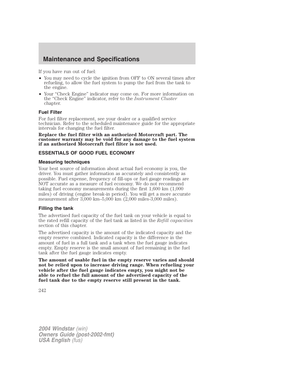 Maintenance and specifications | FORD 2004 Freestar v.1 User Manual | Page 242 / 280