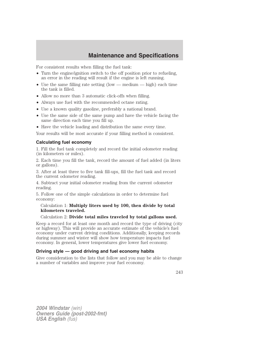 Maintenance and specifications | FORD 2004 Freestar v.1 User Manual | Page 243 / 280