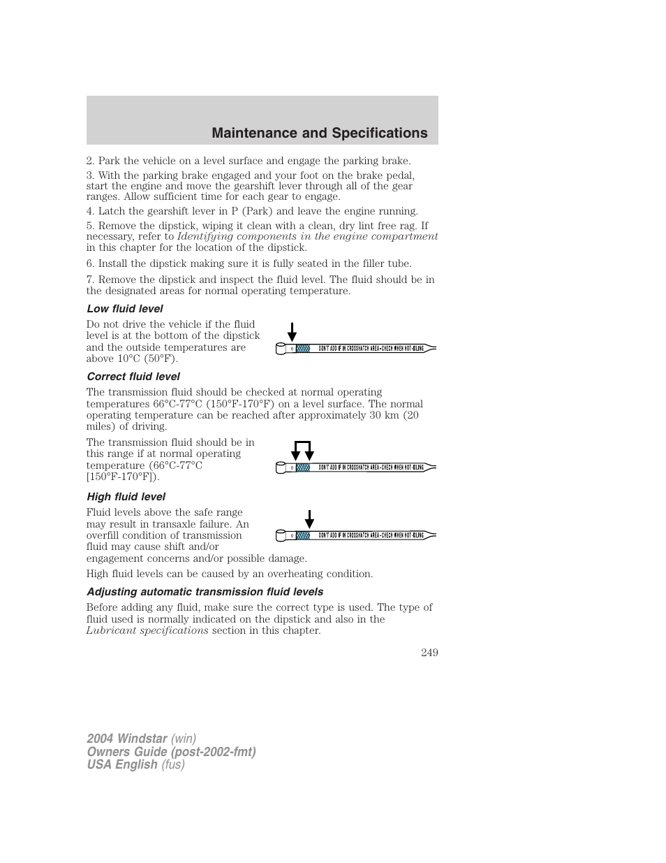 Maintenance and specifications | FORD 2004 Freestar v.1 User Manual | Page 249 / 280