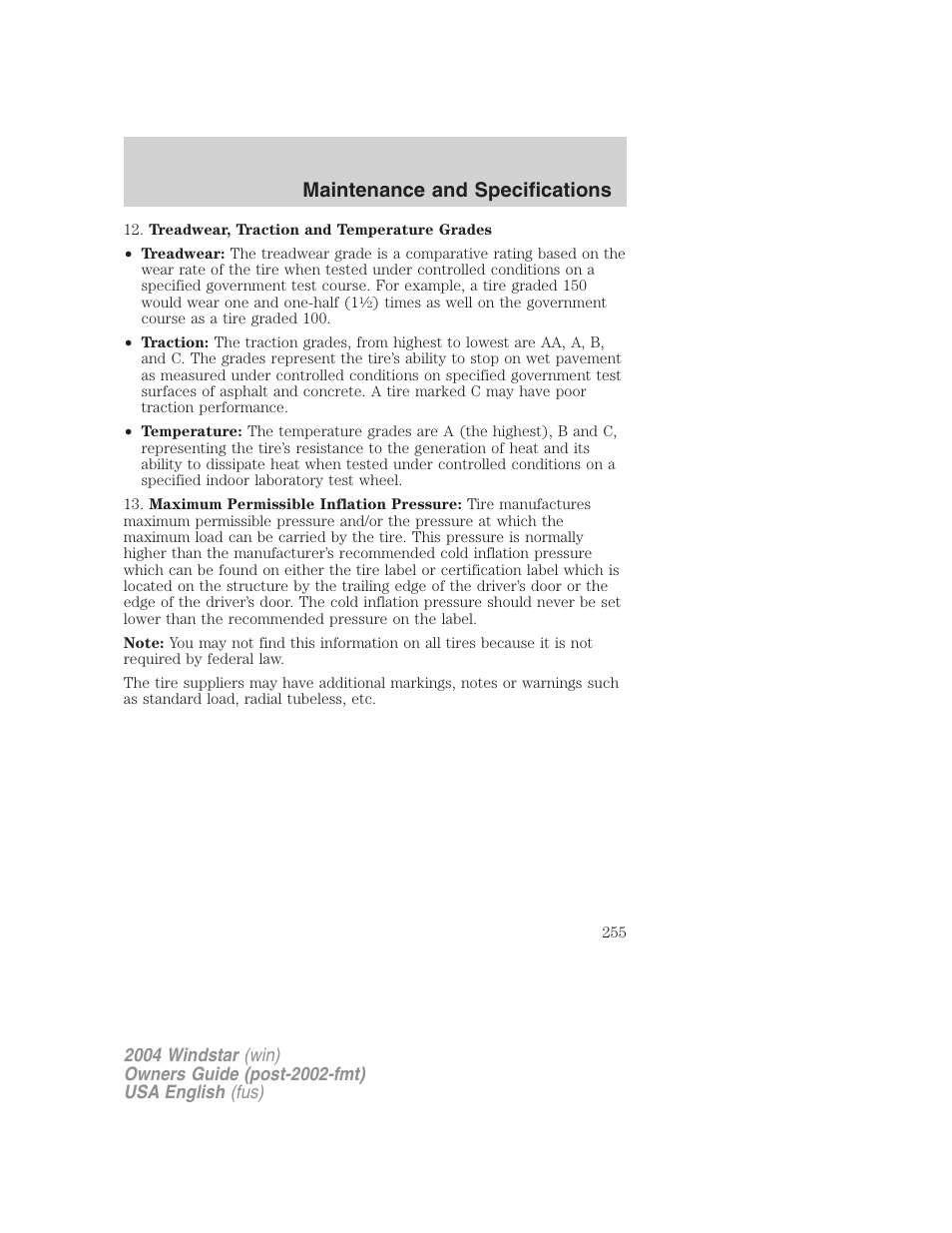 Maintenance and specifications | FORD 2004 Freestar v.1 User Manual | Page 255 / 280