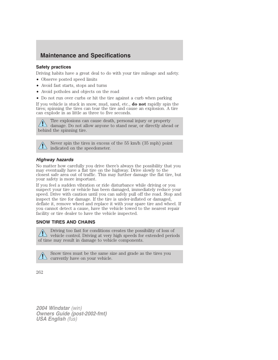 Maintenance and specifications | FORD 2004 Freestar v.1 User Manual | Page 262 / 280