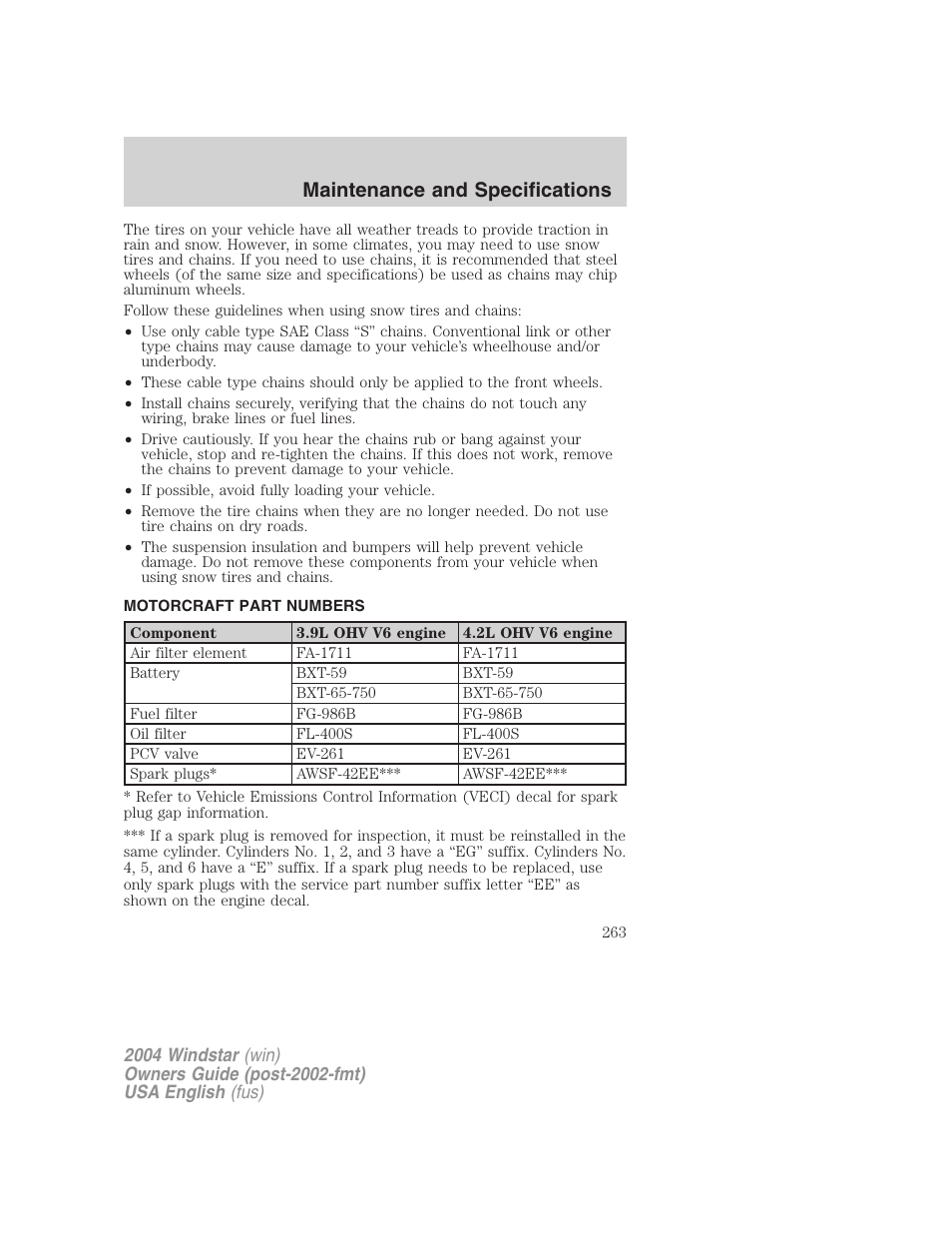 Maintenance and specifications | FORD 2004 Freestar v.1 User Manual | Page 263 / 280