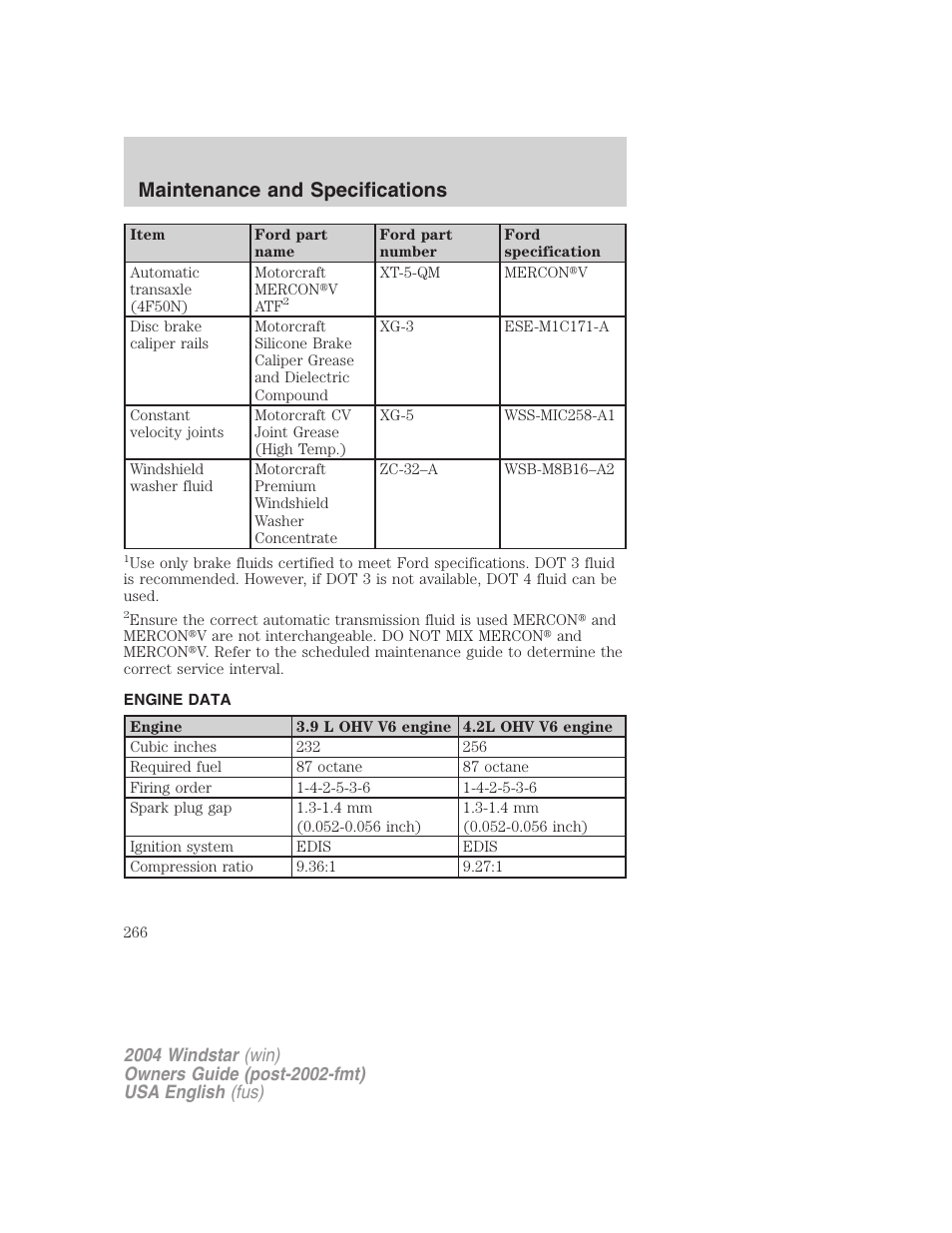 Maintenance and specifications | FORD 2004 Freestar v.1 User Manual | Page 266 / 280