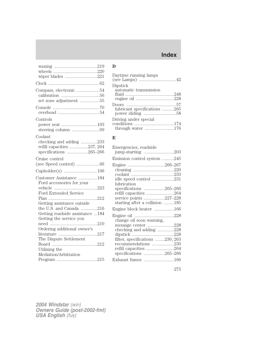 Index | FORD 2004 Freestar v.1 User Manual | Page 275 / 280