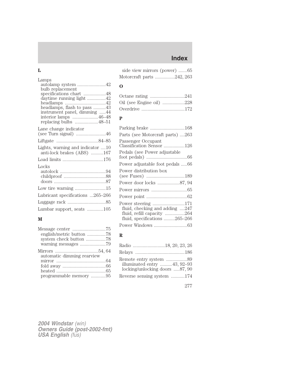 Index | FORD 2004 Freestar v.1 User Manual | Page 277 / 280