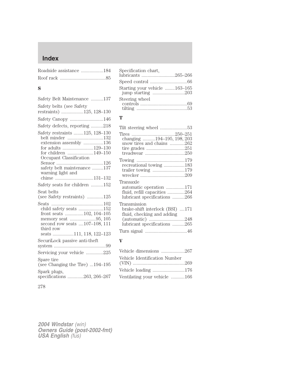 Index | FORD 2004 Freestar v.1 User Manual | Page 278 / 280