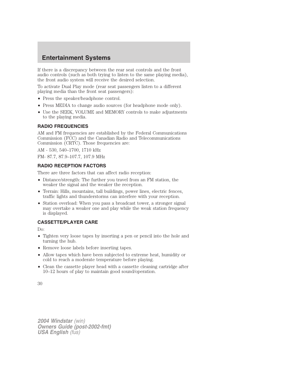 Entertainment systems | FORD 2004 Freestar v.1 User Manual | Page 30 / 280