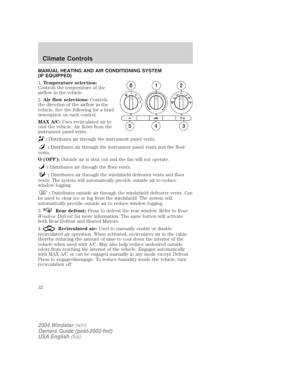 Climate controls | FORD 2004 Freestar v.1 User Manual | Page 32 / 280