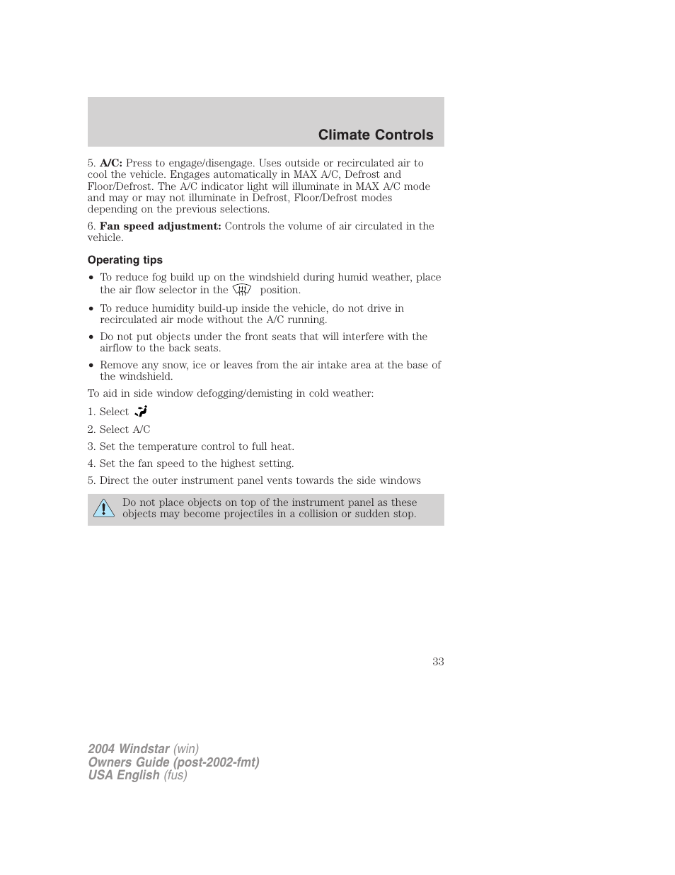 Climate controls | FORD 2004 Freestar v.1 User Manual | Page 33 / 280