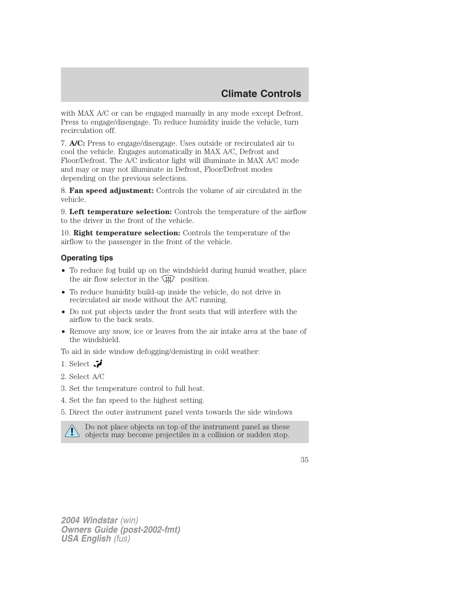 Climate controls | FORD 2004 Freestar v.1 User Manual | Page 35 / 280