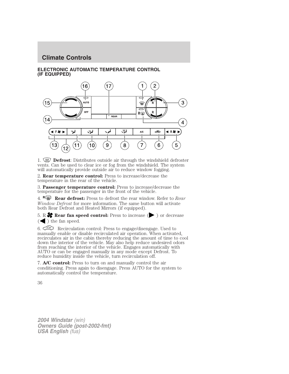 Climate controls | FORD 2004 Freestar v.1 User Manual | Page 36 / 280