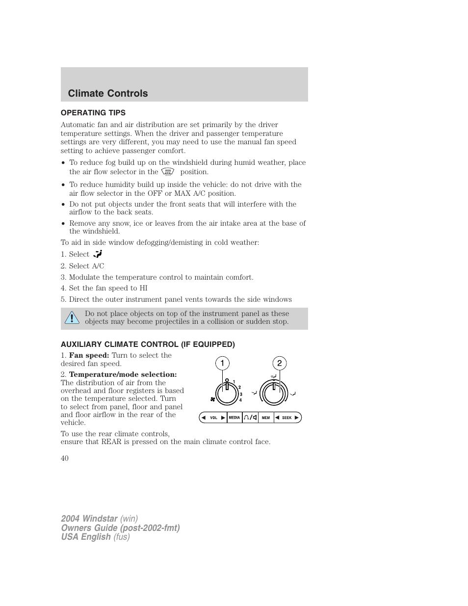 Climate controls | FORD 2004 Freestar v.1 User Manual | Page 40 / 280