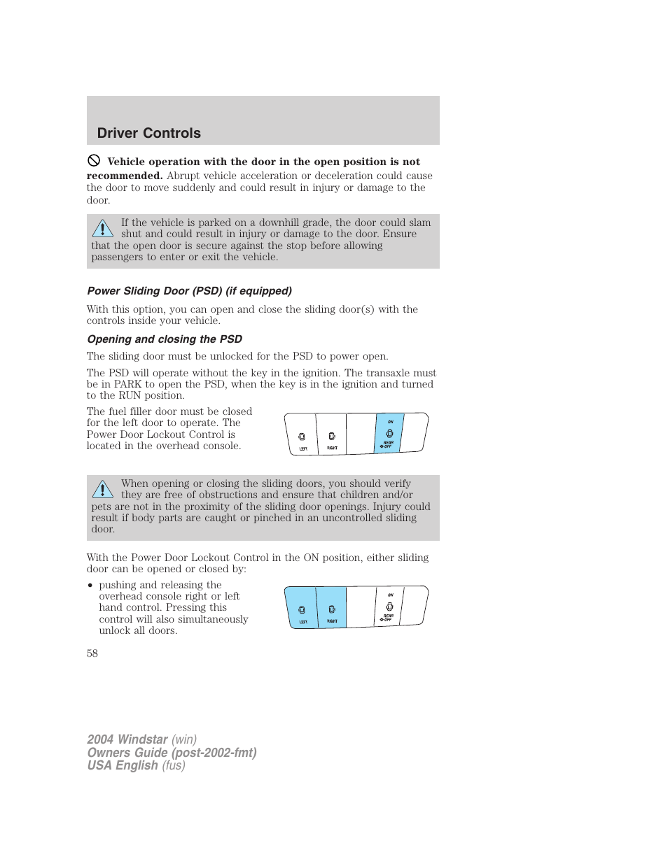Driver controls | FORD 2004 Freestar v.1 User Manual | Page 58 / 280
