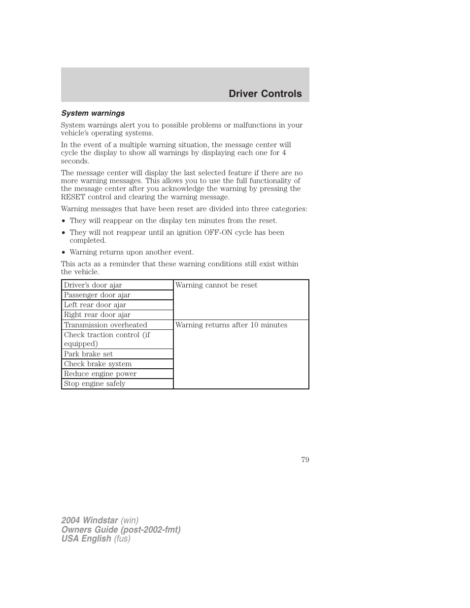 Driver controls | FORD 2004 Freestar v.1 User Manual | Page 79 / 280