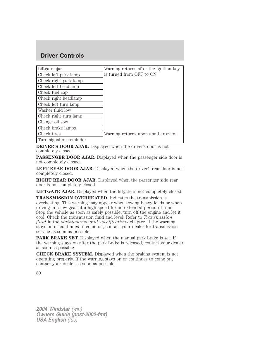 Driver controls | FORD 2004 Freestar v.1 User Manual | Page 80 / 280