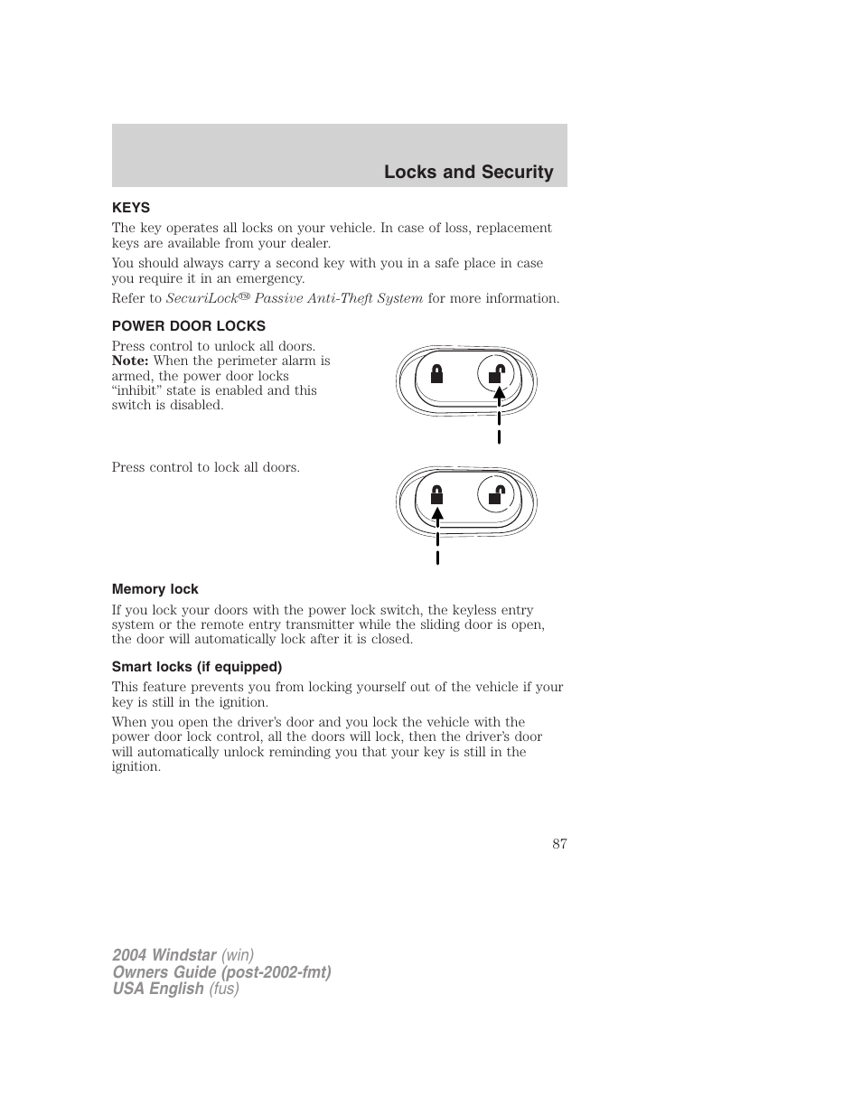 Locks and security | FORD 2004 Freestar v.1 User Manual | Page 87 / 280