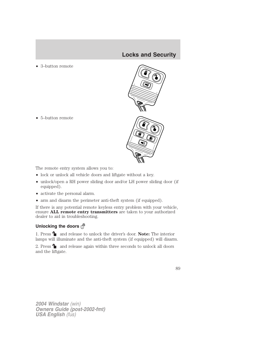 Locks and security | FORD 2004 Freestar v.1 User Manual | Page 89 / 280