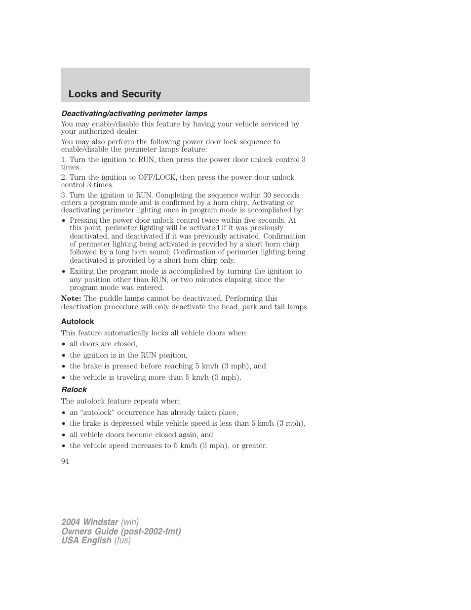 Locks and security | FORD 2004 Freestar v.1 User Manual | Page 94 / 280