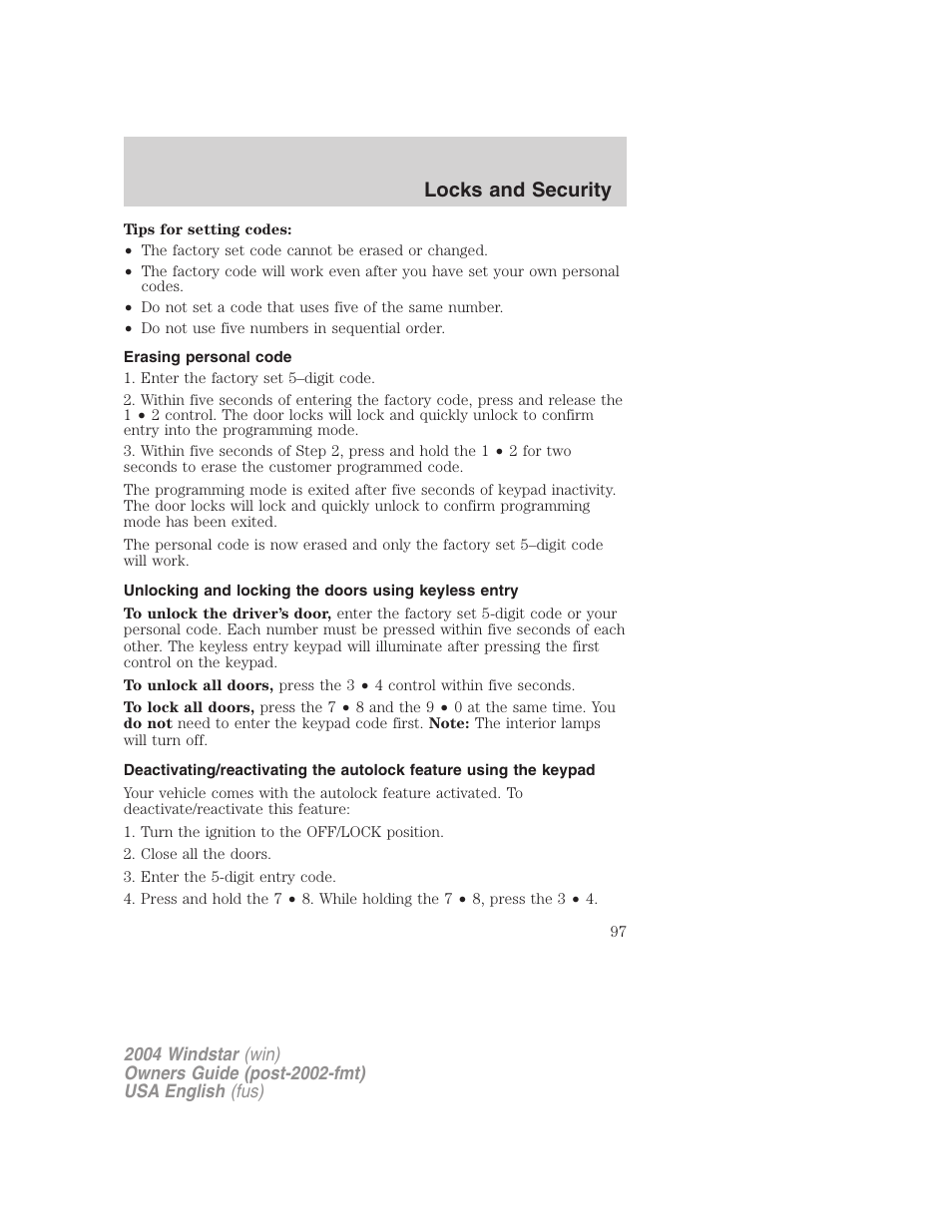 Locks and security | FORD 2004 Freestar v.1 User Manual | Page 97 / 280