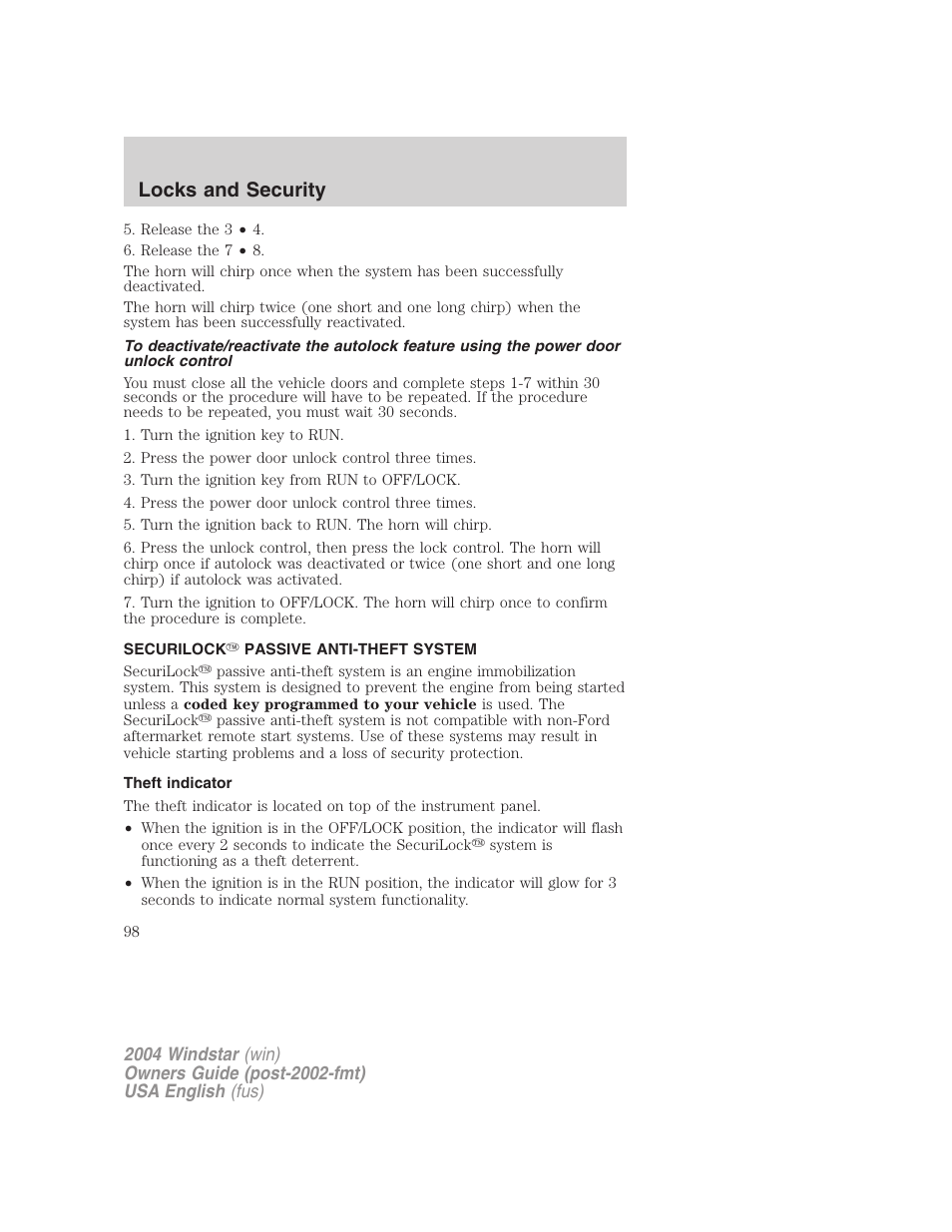 Locks and security | FORD 2004 Freestar v.1 User Manual | Page 98 / 280