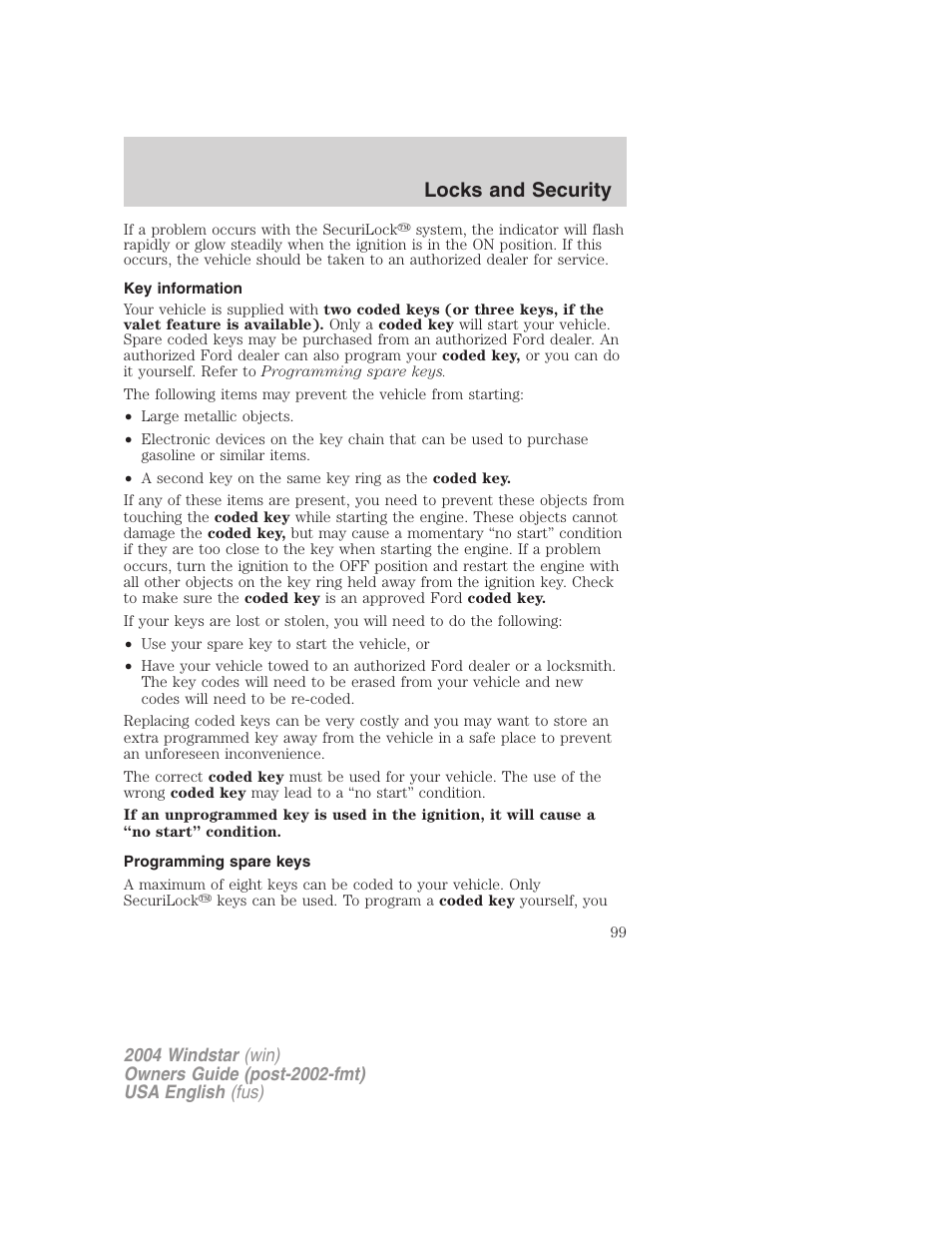 Locks and security | FORD 2004 Freestar v.1 User Manual | Page 99 / 280