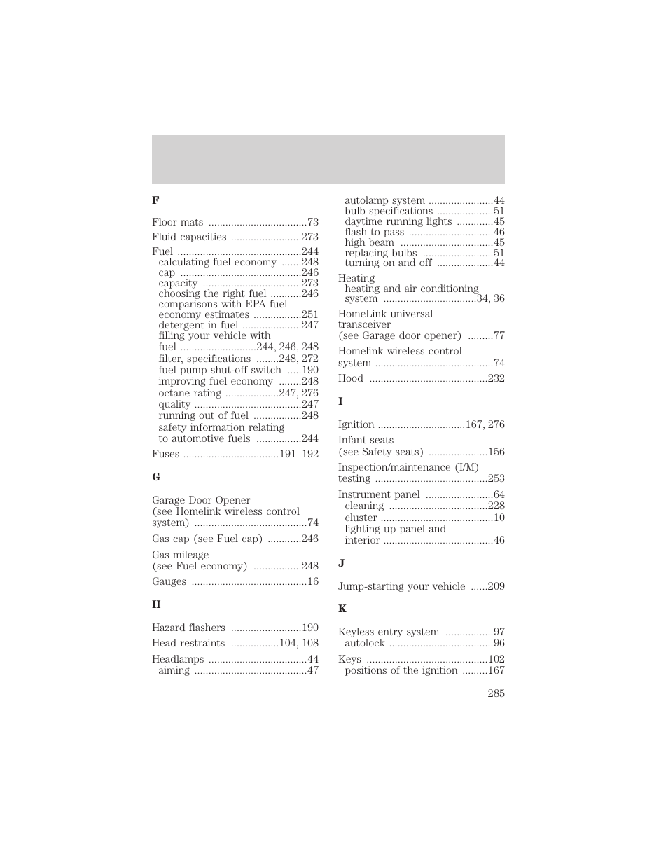 Index | FORD 2004 Freestar v.2 User Manual | Page 286 / 289